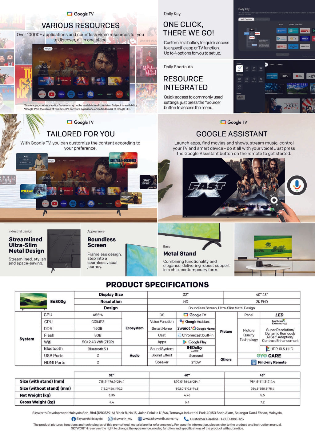 SKYWORTH 32" 2K FHD GOOGLE TV SKY-32E6800
