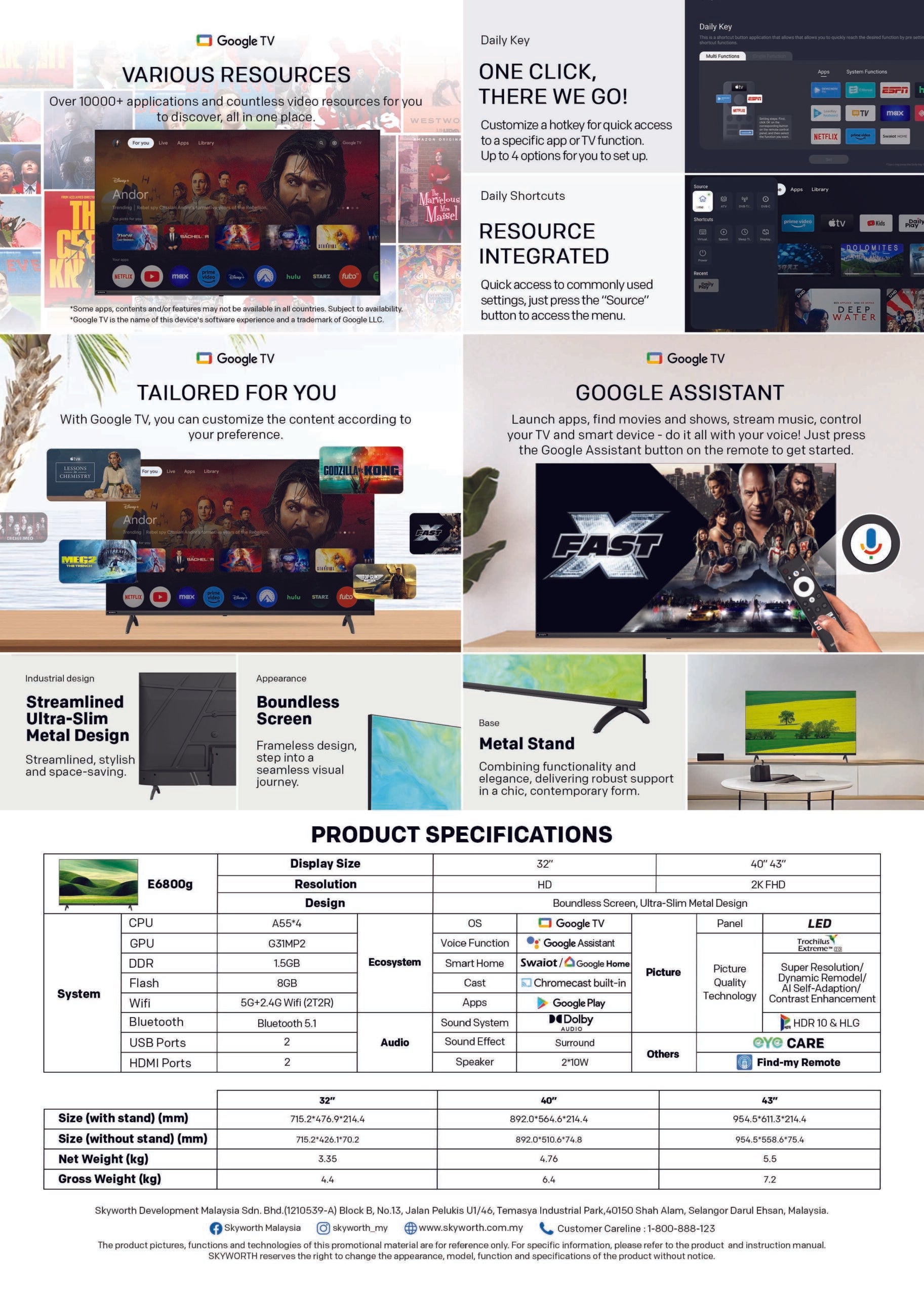SKYWORTH 32" 2K FHD GOOGLE TV SKY-32E6800